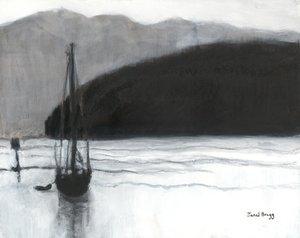 Vitorlás Anacortes kikötőjében, 2021 körül (szén, tinta és gesso, papír) alkotó: Janel Bragg
