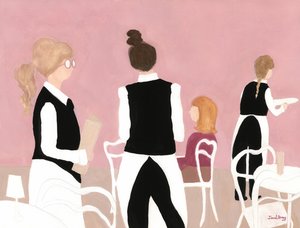Pincérnők a Cafe Sabarskyból rózsaszínben és bézsben, 2024 körül (vízmédia, papír) alkotó: Janel Bragg
