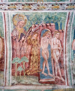 Hrasztovlje erődtemplom, Szentháromság-templom, Ádám és Éva kiutasítása a Paradicsomból (1490), részlet Janez Iz Kastva freskóiról, Szlovénia