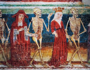 Hrastovlje erődtemplom, Szentháromság-templom, Halál kísérő királynőt és bíborost, Haláltánc (1490), részlet Janez Iz Kastva, Szlovénia freskóiból
