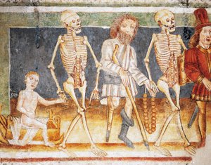 Hrastovlje erődtemplom, Szentháromság-templom, Halál kíséri a gyermeket és a szegényt, Haláltánc (1490), részlet Janez Iz Kastva freskóiból (1490), Szlovénia