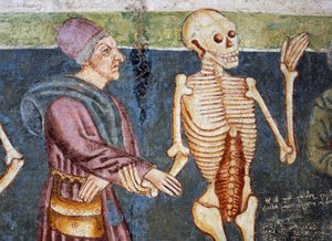 Hrastovlje erődtemplom, Szentháromság-templom, Halálkísérő orvos, Haláltánc (1490), részlet Janez Iz Kastva, Szlovénia freskóiból