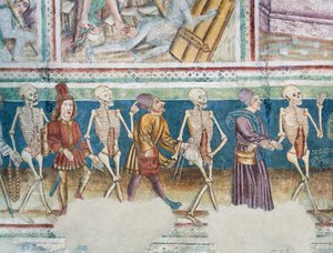 Hrastovlje erődtemplom, Szentháromság-templom, Halál kísérő kereskedő és gazdag bankár, Haláltánc (1490), részlet Janez Iz Kastva, Szlovénia freskóiból