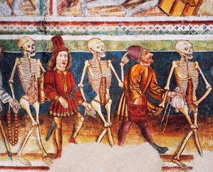 Hrastovlje erődtemplom, Szentháromság-templom, Halál kíséri a kereskedőt és a gazdag bankárt, Haláltánc (1490), részlet Janez Iz Kastva freskóiból, Szlovénia