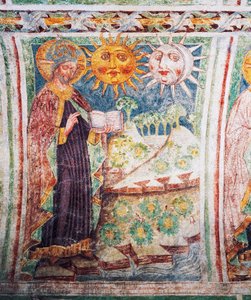 Hrastovlje erődtemplom, Szentháromság-templom, Genezis, Isten teremti a napot, a holdat és a csillagokat (1490), részlet Janez Iz Kastva, Szlovénia freskóiból