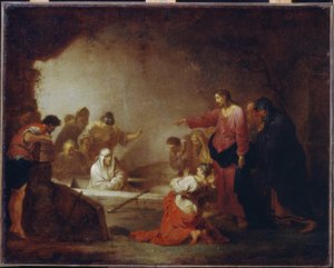 Lázár feltámasztása. (Betániai Lázár). Johann Rosso Januarius Zick (1730-1797) festménye, olaj, vászon, 1793 körül. 18. századi német művészet. Állami A. Puskin Szépművészeti Múzeum, Moszkva.