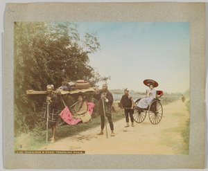 Jinrikisha & Kago, Utazószék, Japán (kézzel színezett fekete-fehér fotó) alkotó: Japanese Photographer