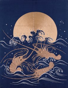Japán hímzett sötétkék szatén textiltábla, amely három rákot ábrázol a hullámok között a felkelő nap előtt alkotó: Japanese School