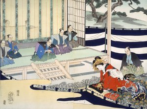 Egy férfi vallat egy nőt, egy 19. századi fametszetalbumból (színes fatömbnyomat) alkotó: Japanese School