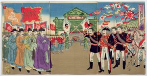 Találkozó japán tisztek és koreai tisztek között, egy epizód a kínai-japán háborúból, 19. század vége (színes fatömbnyomat) alkotó: Japanese School