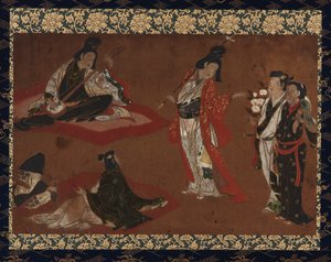Piknikparti, függő tekercs (panelre szerelve), 17. század eleje (szín és arany a papíron) alkotó: Japanese School