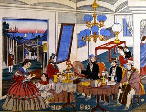 Amerikai vagy európai család Japánban, 1860 körül (színes fametszet) alkotó: Japanese School