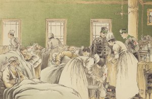 Az orosz sebesültek ellátása a Japán Vöröskereszt Társaság Átmeneti Kórházában Chemulpóban (chromolitho) alkotó: Japanese School