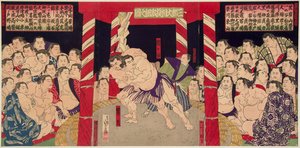Combat de sumo entre Umegatani Totaro I (1845-1928) és Haibirya. Estampe vers 1860-1870 - Birkózó Umegatani vs Haibirya, Anonymous. Színes fametszet alkotó: Japanese School