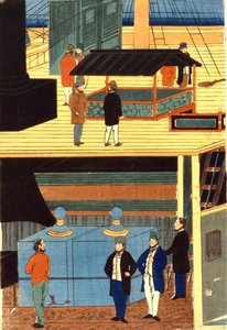 Egy európai hajó keresztmetszete, amelyen európai ruhás férfiak láthatók a fedélzeten, tetején és férfiak az alsó fedélzeten: Yokahama, Japán alkotó: Japanese School