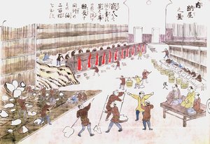 Bálnatermékeket készítő gyár, 19. század vége (színes gravírozás) alkotó: Japanese School
