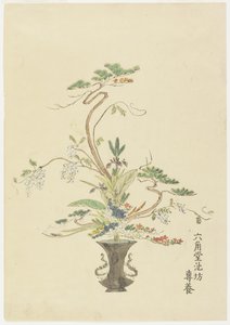 Virágkötészeti Rokkakud? Ikenob? Seny?; Fenyő és akác, (kézzel színezett fanyomat) alkotó: Japanese School