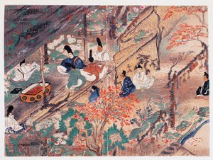 Heian államférfi és költő, Sugawara Michizane (845-903), Tenjin-San (mennyei szellem) néven ismert, a kiotói Kitano Tenman-Gu szentélyben száműzetésben osztja szét az egykori császár, Fujiwara Nobuzane (1176-1268), Kamakura által adományozott ruhákat. idős alkotó: Japanese School