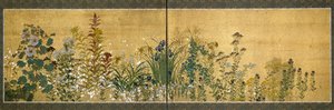 Japán művészet: virágokkal díszített képernyőpanelek. A rimpai iskola stílusa (1596-1615). Selyemre festés. Homályos. 65x189 cm Magángyűjtemény alkotó: Japanese School