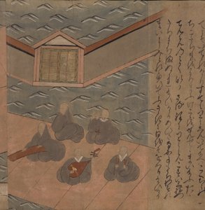 Japán zenészek, illusztráció a „Taishokkan”-ból (tinta és színes papíron) alkotó: Japanese School