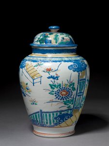 Tégely hozzátartozó fedővel, 1660-80 körül (porcelán zománcozott mázzal)