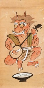 Kakemono, amely egy ördögöt ábrázol, aki a shamisenen játszik (tinta és szín a papírtekercsen) alkotó: Japanese School