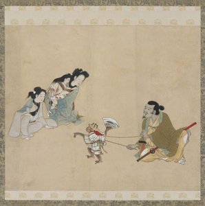 Majomtréner és táncot mutató majom, Edo-korszak (tinta, szín és arany papíron) alkotó: Japanese School