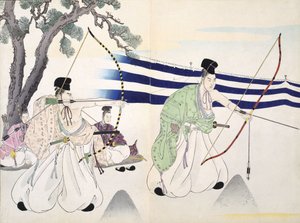 Nemesek íjásznak (részletesen lásd: 255314), 19. század, egy fametszetalbumból, színes fatömbnyomat alkotó: Japanese School