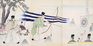 Íjászatot gyakorló nemesek egy fametszetalbumból (színes fatömbnyomat) alkotó: Japanese School
