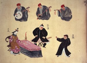 Or.961 fol.21 Zenészek és előadók, „Ryukyu zenei előadásai”, x.1800-50 (vellum) alkotó: Japanese School