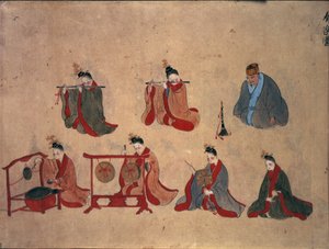 Or.961 fol.5 Hét ülő zenész, Ryukyu zenei előadásaiból, 1800-50 körül (toll és tinta és akvarell papíron) alkotó: Japanese School