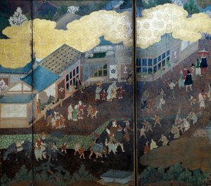„Portugál” képernyő: portugál jezsuita misszionáriusok 16. századi Japánba érkezésének ábrázolása. Részlet. A Kano Iskola (?) valósította meg. 1593-1600. Lisszaboni Ókori Művészetek Múzeuma alkotó: Japanese School