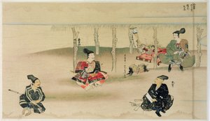 Takezaki szamuráj két mongol megszálló fejét szállítja Adachi Morinume-nak Japán mongol inváziója során 1274-ben, illusztráció a Kokka folyóiratból, 1921. május alkotó: Japanese School