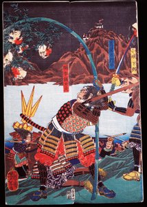 Szamurájok, akik bambuszbotokon mutatják ellenségeik levágott fejét, sewamono (házi játék) alkotó: Japanese School