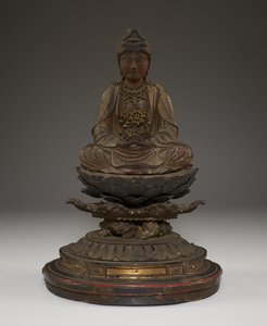 Ülő Miroku Bosatsu (polikróm fa, kristály, fém és aranylevél) alkotó: Japanese School