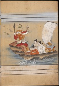 Katona és követek egy csónakban, illusztráció a „Taishokkan”-ból (tinta és színes papíron) alkotó: Japanese School