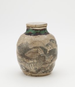 Tealevél tégely senchához, hozzáillő tetővel, Kiotóhoz kapcsolódó edények, Tealevél tégely (sencha tsubo) alkotó: Japanese School
