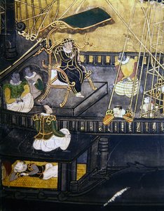 A portugálok érkezése Japánba, részlet, amely férfiakat ábrázol egy hajó központi részében, egy Namban Byobu képernyőről, 1594-1618 alkotó: Japanese School