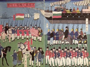 A Commodore Perry század megérkezése egy japán kikötőbe 1853-ban (színes fatömbnyomat) alkotó: Japanese School