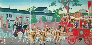 Mutsuhito császár (1852-1912) visszatér tokiói palotájába, 19. század végén (színes fatömbnyomat) alkotó: Japanese School