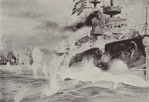 A Mikasa bátran harcol az orosz osztag ellen Port Arthurnál augusztus 10-én (litho) alkotó: Japanese School