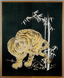 Tigris és bambusz, motívum kétajtós pamutszitán (byobu), rizskeményítő és indigó mártás pigmentekkel, japán civilizáció, Meidzsi-Taisho időszak alkotó: Japanese School