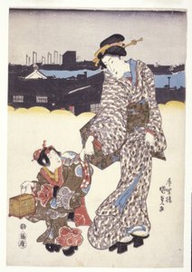 Cím nélkül (Egy nő és gyermek) (színes fametszetek) alkotó: Japanese School