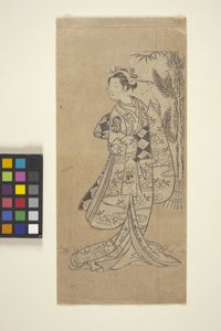 Cím nélkül (Nő áll a fa előtt) (színes fatömbnyomat) alkotó: Japanese School