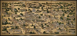 Nézetek Kiotóban és környékén (Rakuchu rakugai zu), 1616-24 körül (tinta, színes és leveles arany, papír) alkotó: Japanese School