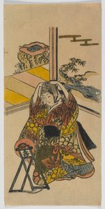 Fiatal nő egy tükör mellett térdel, Edo-korszak, 1720-as évek (színes fatömbnyomat) alkotó: Japanese School
