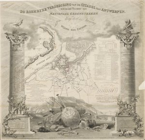 Az antwerpeni fellegvár Roemryke-védelme, 1832. december hónapban. Nemzeti Emlékmű, Őfelségének, Willem den Eerste királynak (cím a tárgyon) alkotó: Ja.s Wyld