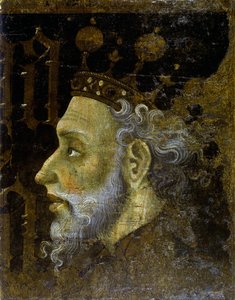 V. Aragóniai Alfonz dit le Magnanime - V. Alfonso (1396-1458), Aragónia királya - Jaume (Jaime) Mateu (1382-1452) festménye - 1427 - Tempera a panelen - 56,3x45,3 - Katalónia Nemzeti Művészeti Múzeum , Barcelona