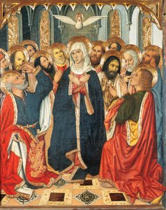 Pünkösd asztala. A portugál rendőr oltárképéről (1464-1465). Fests fára. Írta: Jaume Huguet (1414-1492). XV. század (fára festmény)