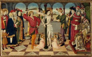 Krisztus ostorozása Poncius Pilátus előtt. Jaume (= Jaume) Huguet idősebb (1415-1492) Detrempe fán. Homályos. 0,92 x 1,56 m.